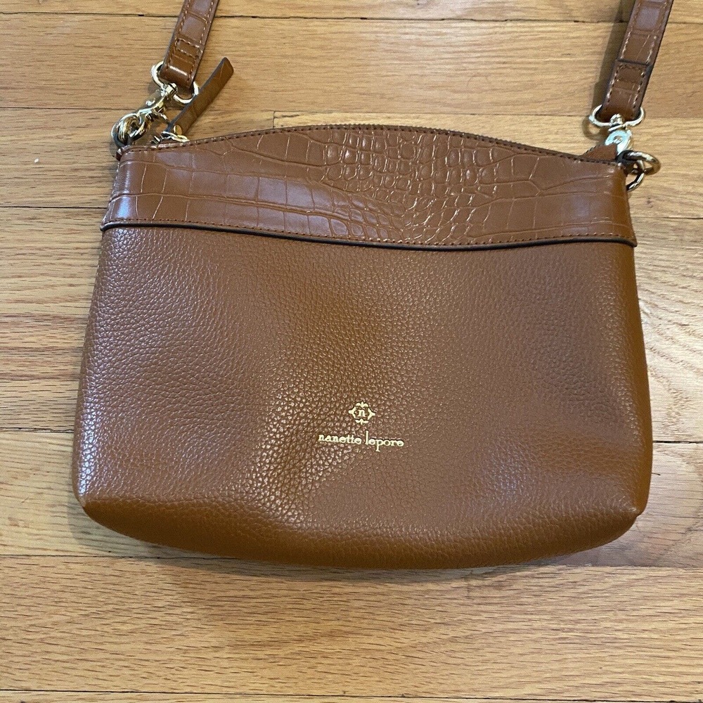 Nanette Lepore Crossbody Pebbled Faux Leather Croc Embossed Bag Brown Gold